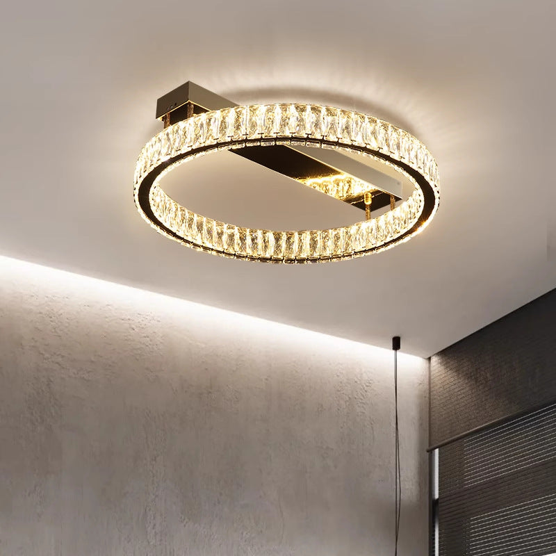 Modern Luxury Double Ring Crystal Semi-Flush Mount Ceiling Light with Stainless Steel Frame LED for Living Room