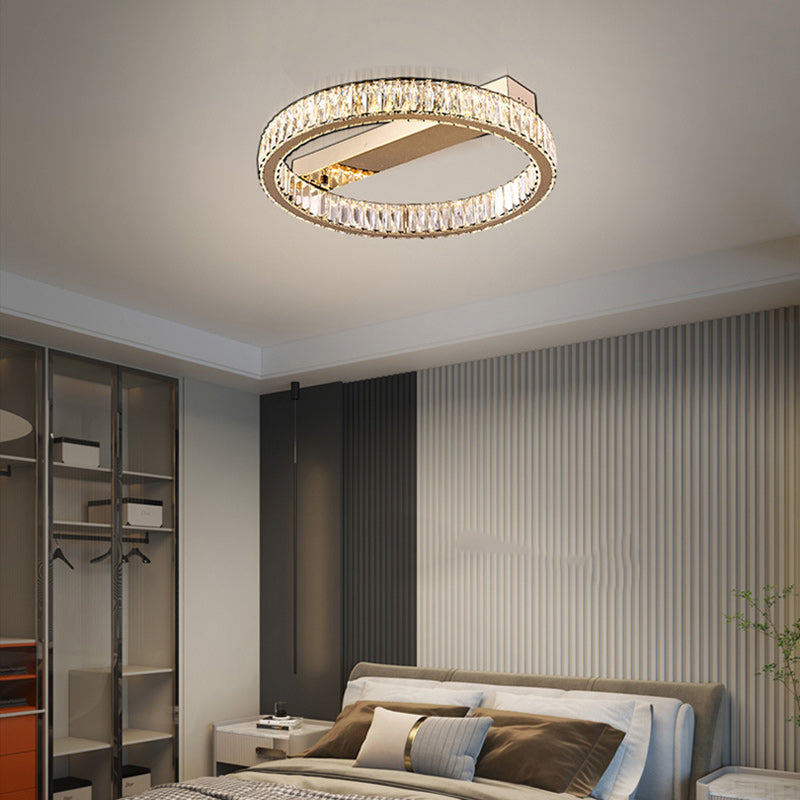 Modern Luxury Double Ring Crystal Semi-Flush Mount Ceiling Light with Stainless Steel Frame LED for Living Room