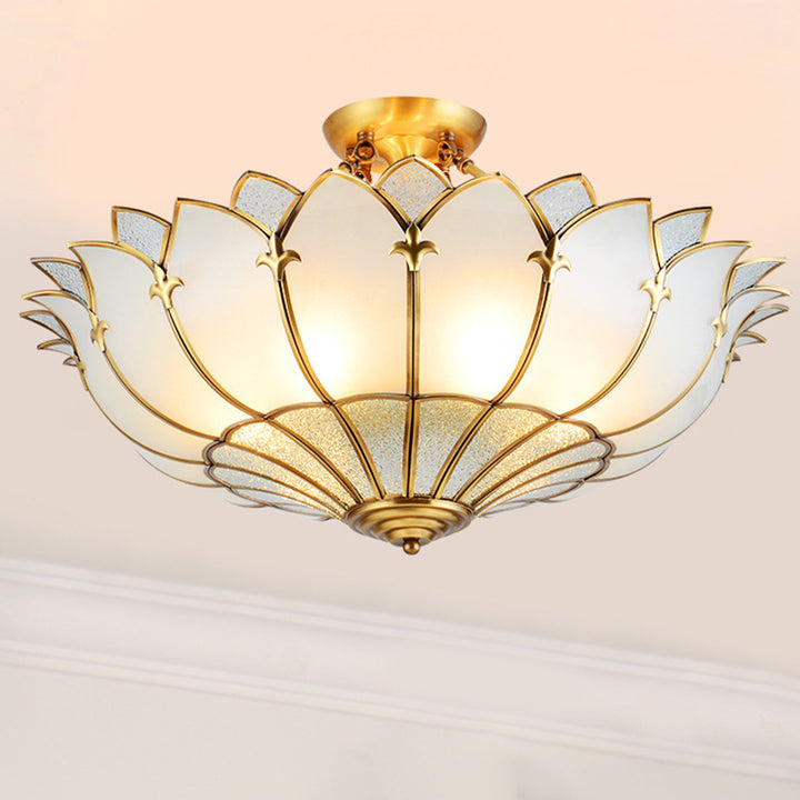 Dôme de palais moderne de milieu du siècle semi-encastré plafonnier en cuivre et verre 4/6 lumières pour chambre 