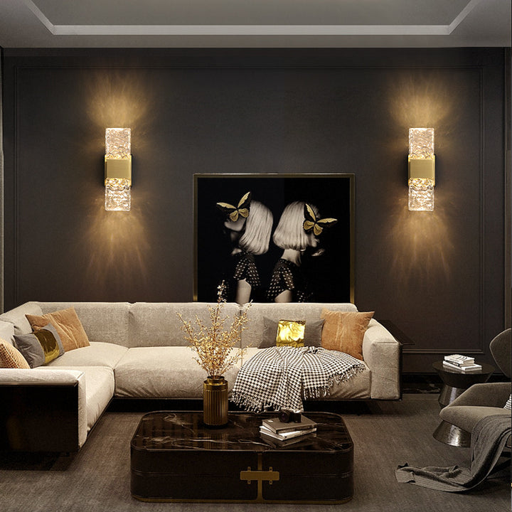 Applique murale rectangulaire en cristal de luxe moderne avec base en acier inoxydable LED pour chambre 