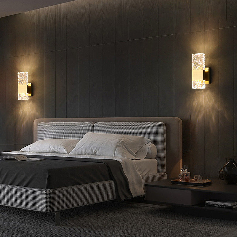 Applique murale rectangulaire en cristal de luxe moderne avec base en acier inoxydable LED pour chambre 