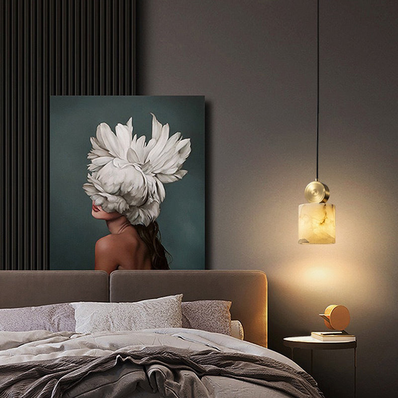 Lustre Suspendu Cylindrique en Marbre de Luxe Contemporain avec Dessus en Laiton 1-Lumière pour Chambre 