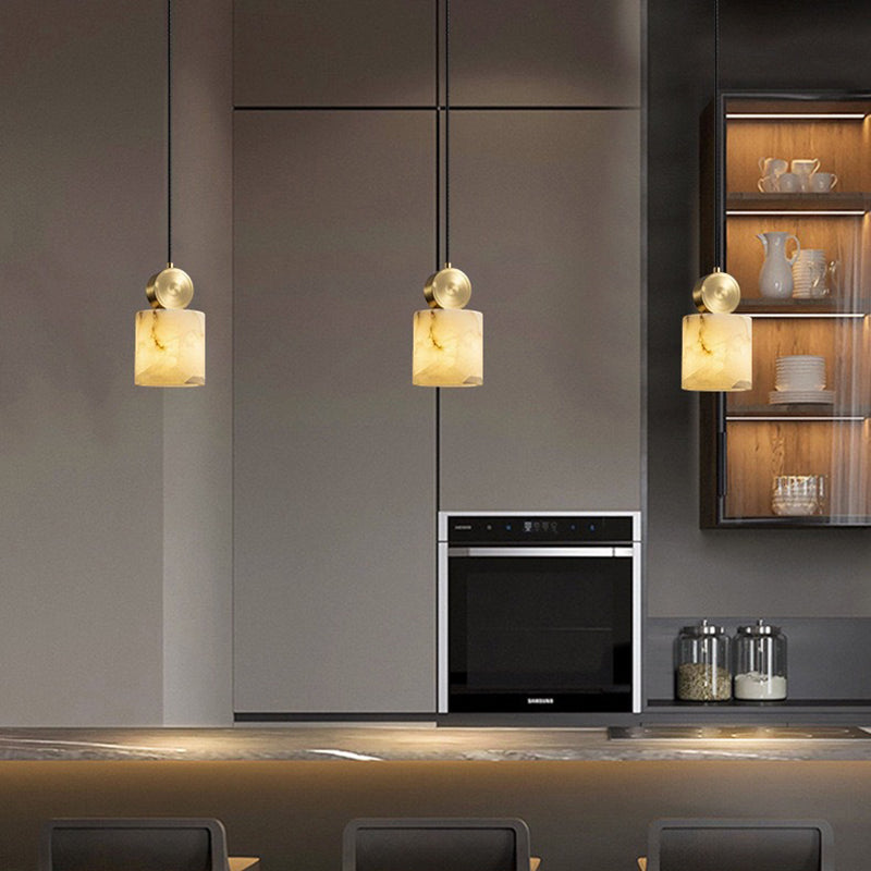 Lustre Suspendu Cylindrique en Marbre de Luxe Contemporain avec Dessus en Laiton 1-Lumière pour Chambre 