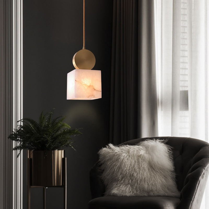 Lustre Suspendu Cylindrique en Marbre de Luxe Contemporain avec Dessus en Laiton 1-Lumière pour Chambre 