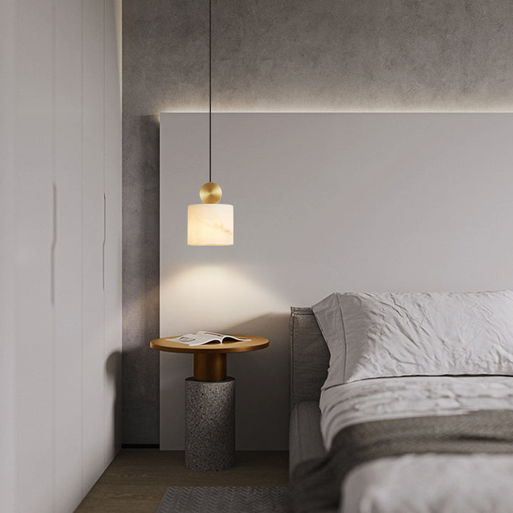 Lustre Suspendu Cylindrique en Marbre de Luxe Contemporain avec Dessus en Laiton 1-Lumière pour Chambre 