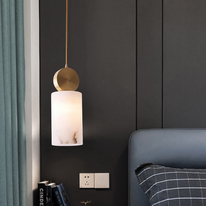 Lustre Suspendu Cylindrique en Marbre de Luxe Contemporain avec Dessus en Laiton 1-Lumière pour Chambre 