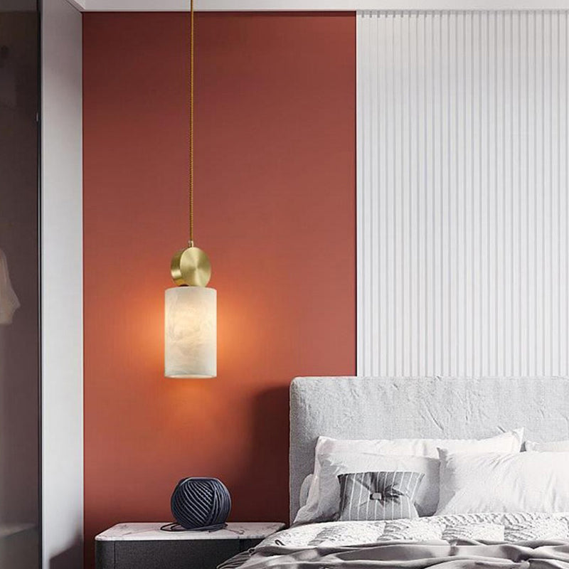 Lustre Suspendu Cylindrique en Marbre de Luxe Contemporain avec Dessus en Laiton 1-Lumière pour Chambre 