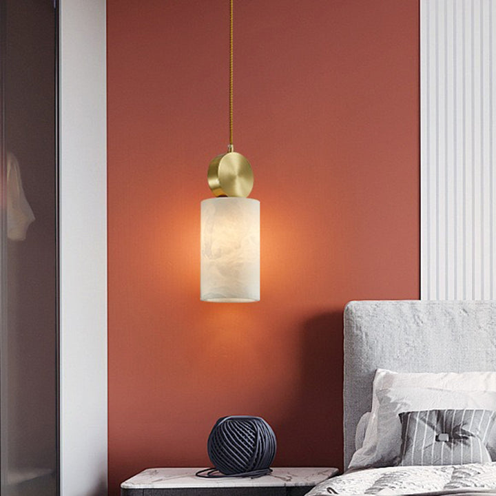 Lustre Suspendu Cylindrique en Marbre de Luxe Contemporain avec Dessus en Laiton 1-Lumière pour Chambre 