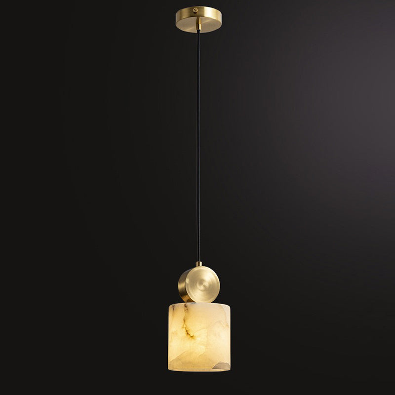 Lustre Suspendu Cylindrique en Marbre de Luxe Contemporain avec Dessus en Laiton 1-Lumière pour Chambre 