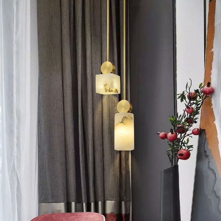 Lustre Suspendu Cylindrique en Marbre de Luxe Contemporain avec Dessus en Laiton 1-Lumière pour Chambre 