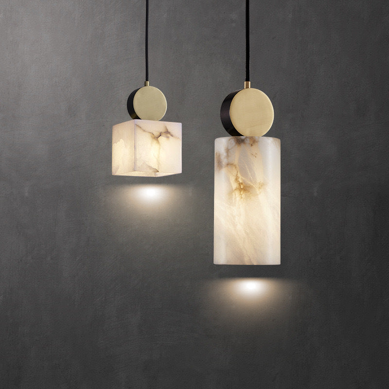 Lustre Suspendu Cylindrique en Marbre de Luxe Contemporain avec Dessus en Laiton 1-Lumière pour Chambre 