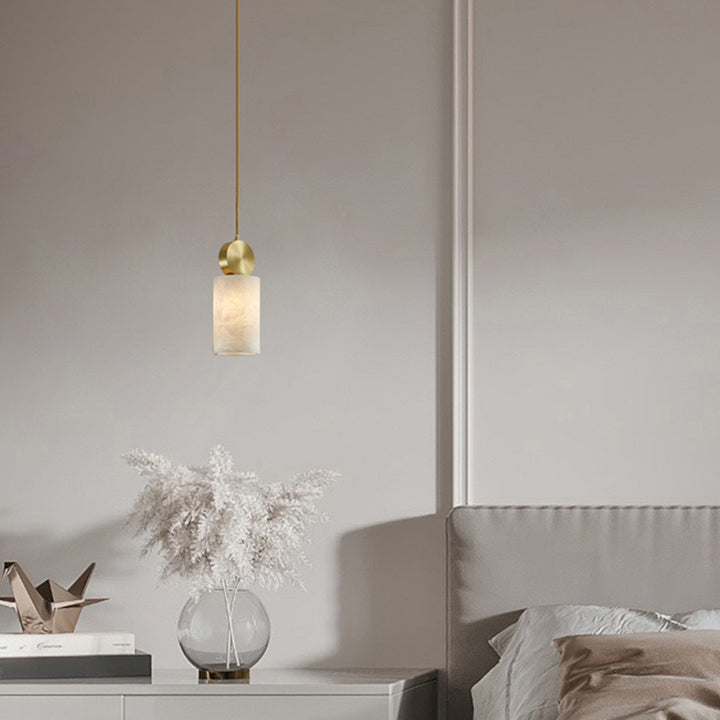 Lustre Suspendu Cylindrique en Marbre de Luxe Contemporain avec Dessus en Laiton 1-Lumière pour Chambre 