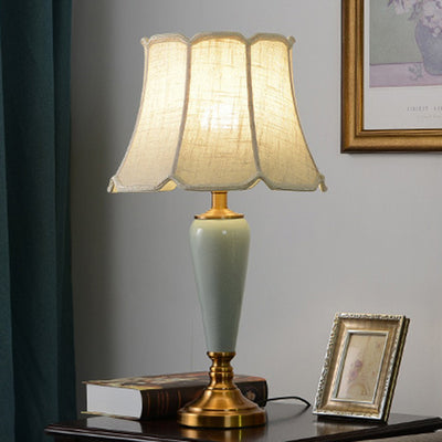 Contemporary Nordic Table Lamp – 1-Light Copper & Ceramic with Tapered Fabric Shade for Bedroom
