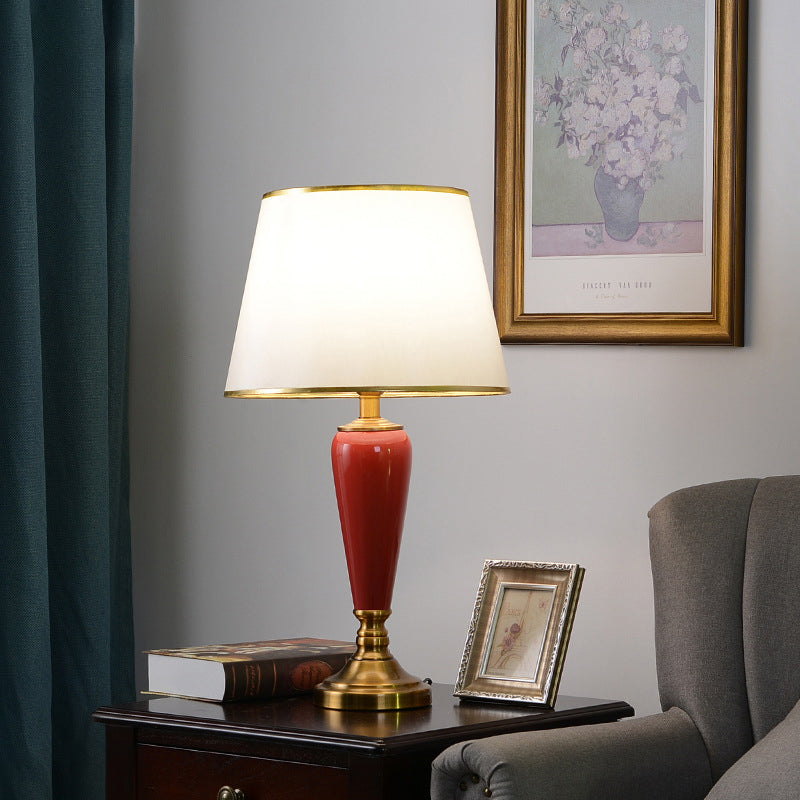 Contemporary Nordic Table Lamp – 1-Light Copper & Ceramic with Tapered Fabric Shade for Bedroom