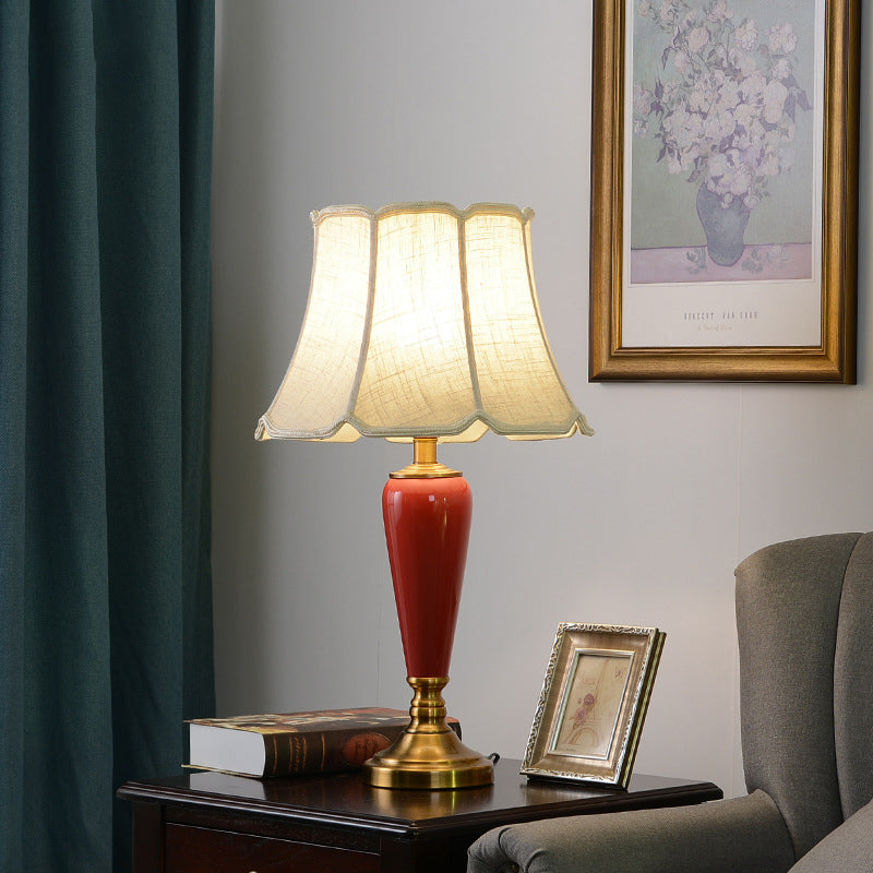 Contemporary Nordic Table Lamp – 1-Light Copper & Ceramic with Tapered Fabric Shade for Bedroom