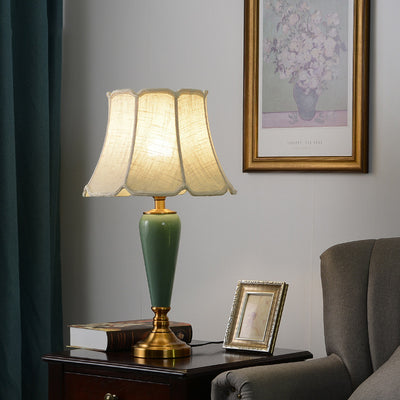 Contemporary Nordic Table Lamp – 1-Light Copper & Ceramic with Tapered Fabric Shade for Bedroom