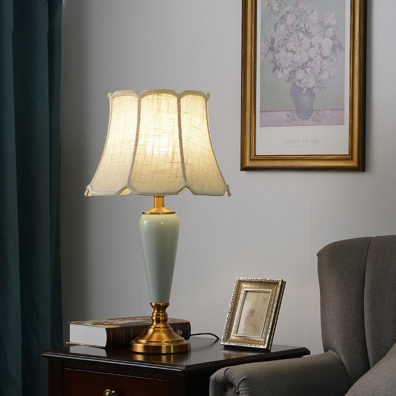 Contemporary Nordic Table Lamp – 1-Light Copper & Ceramic with Tapered Fabric Shade for Bedroom