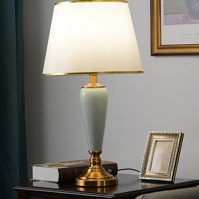 Contemporary Nordic Table Lamp – 1-Light Copper & Ceramic with Tapered Fabric Shade for Bedroom