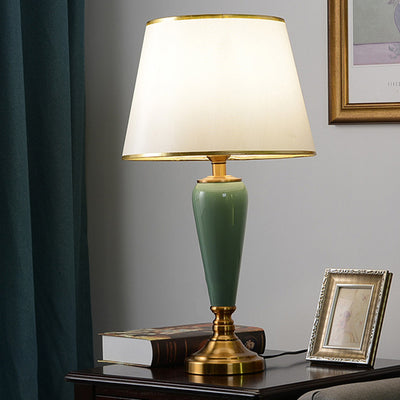 Contemporary Nordic Table Lamp – 1-Light Copper & Ceramic with Tapered Fabric Shade for Bedroom