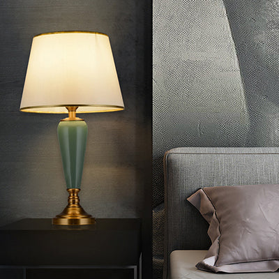 Contemporary Nordic Table Lamp – 1-Light Copper & Ceramic with Tapered Fabric Shade for Bedroom