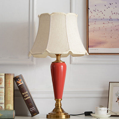 Contemporary Nordic Table Lamp – 1-Light Copper & Ceramic with Tapered Fabric Shade for Bedroom