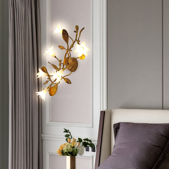 Applique murale fleurie créative contemporaine – Lampe en cuivre et cristal à 6 lumières pour salon 
