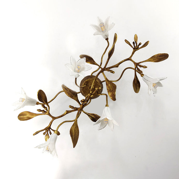Applique murale fleurie créative contemporaine – Lampe en cuivre et cristal à 6 lumières pour salon 