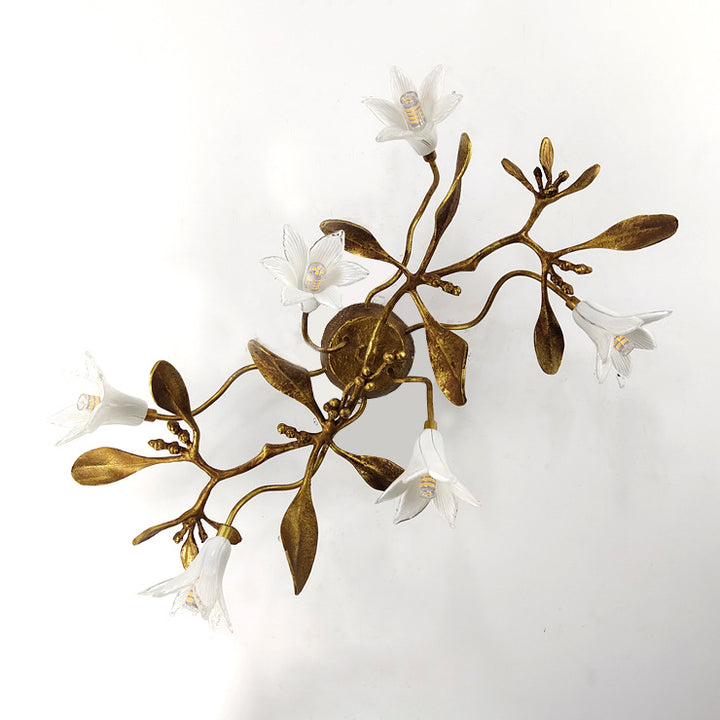 Applique murale fleurie créative contemporaine – Lampe en cuivre et cristal à 6 lumières pour salon 
