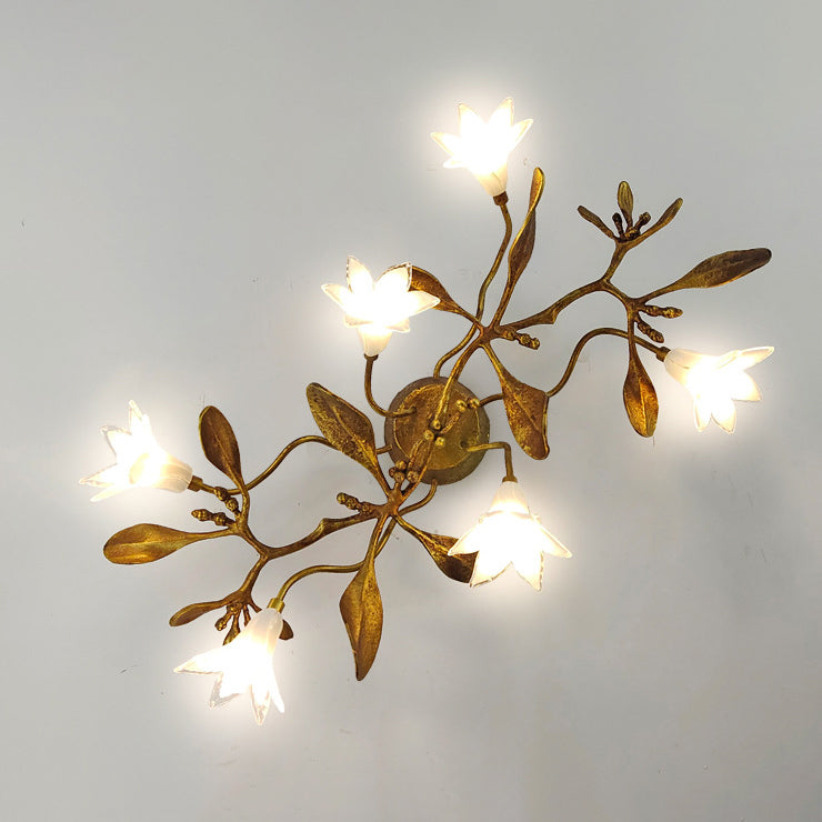 Applique murale fleurie créative contemporaine – Lampe en cuivre et cristal à 6 lumières pour salon 