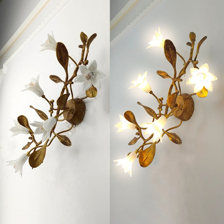 Applique murale fleurie créative contemporaine – Lampe en cuivre et cristal à 6 lumières pour salon 