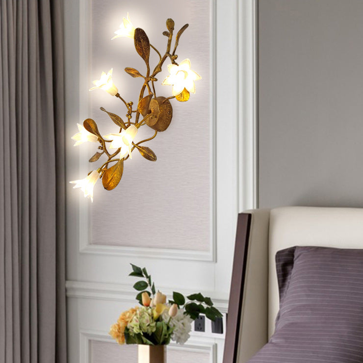 Applique murale fleurie créative contemporaine – Lampe en cuivre et cristal à 6 lumières pour salon 