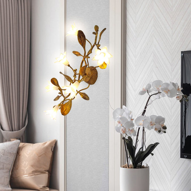 Applique murale fleurie créative contemporaine – Lampe en cuivre et cristal à 6 lumières pour salon 