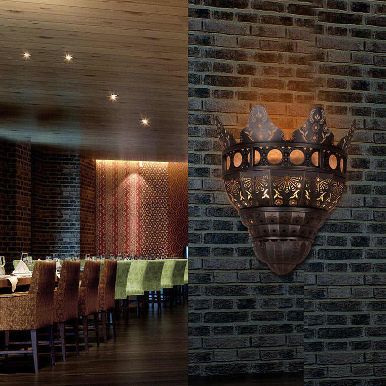 Medieval European Wall Sconce – 1-Light Brass Dome Lamp with Church-Inspired Texture for Hallway