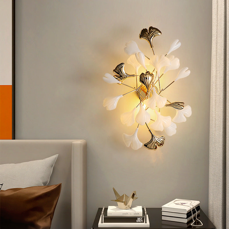 Modern Art Deco Wall Sconce – 2/3-Light Iron & Ceramic Ginkgo Biloba Lamp for Bedroom