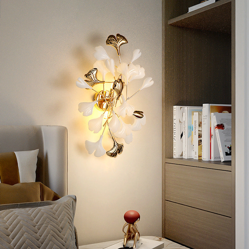 Modern Art Deco Wall Sconce – 2/3-Light Iron & Ceramic Ginkgo Biloba Lamp for Bedroom