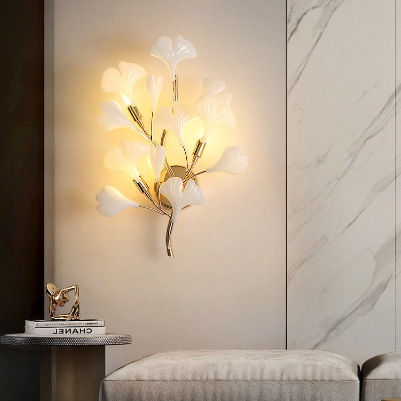 Moderne Art-Deco-Wandleuchte – 2/3-Licht Keramik Ginkgo Biloba Lampe für das Schlafzimmer 