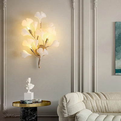 Modern Art Deco Wall Sconce – 2/3-Light Iron & Ceramic Ginkgo Biloba Lamp for Bedroom