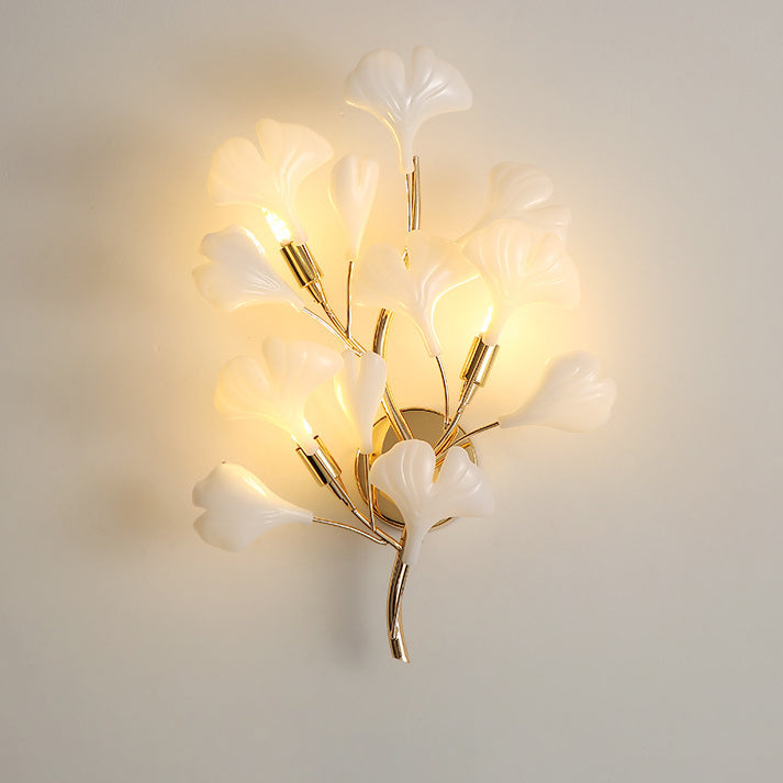 Modern Art Deco Wall Sconce – 2/3-Light Iron & Ceramic Ginkgo Biloba Lamp for Bedroom