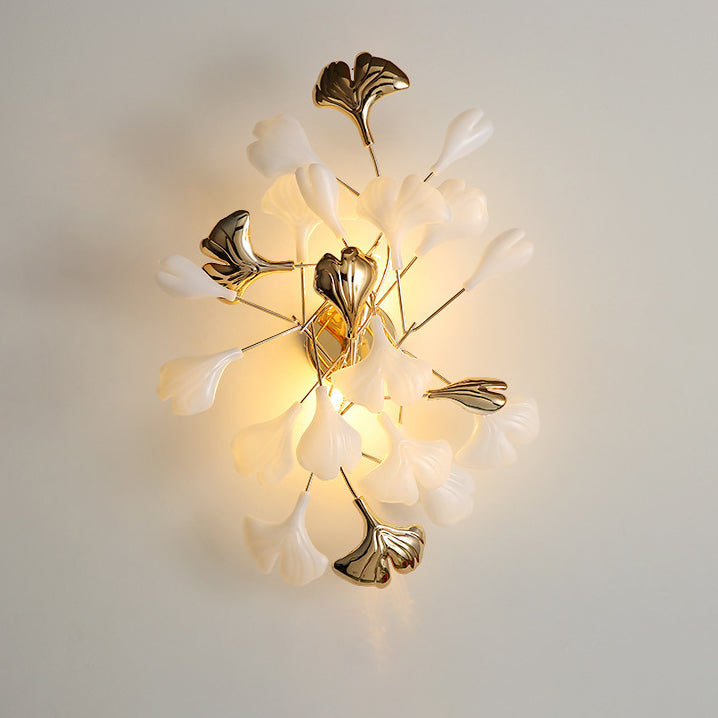 Modern Art Deco Wall Sconce – 2/3-Light Iron & Ceramic Ginkgo Biloba Lamp for Bedroom
