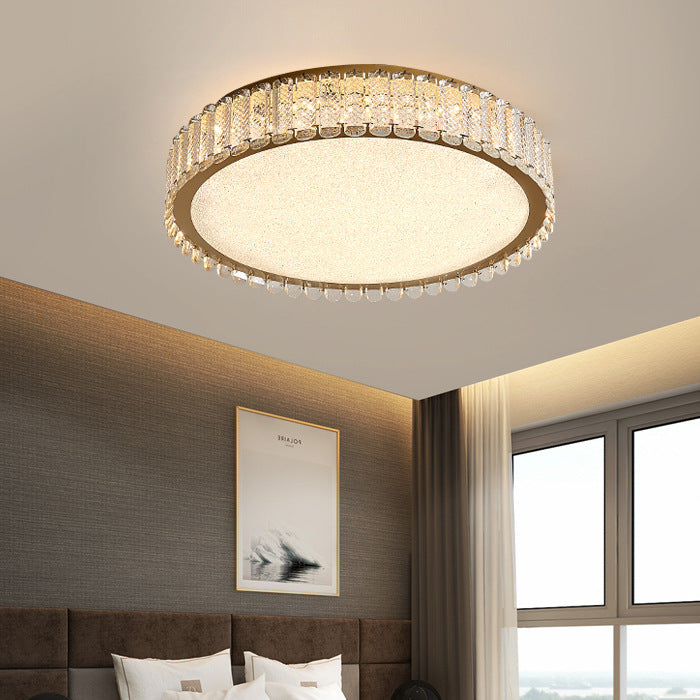 Modern Luxury LED Ceiling Light – Round Titanium &amp; Crystal Flush Mount for Bedroom