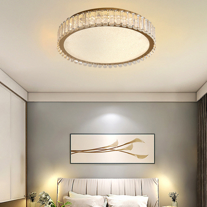 Modern Luxury LED Ceiling Light – Round Titanium &amp; Crystal Flush Mount for Bedroom