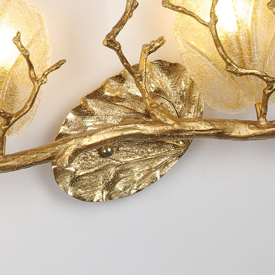 Aplique de pared nórdico contemporáneo – Lámpara de hojas de cobre de 2 luces con base de rama de árbol para sala de estar 