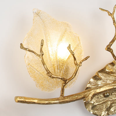 Aplique de pared nórdico contemporáneo – Lámpara de hojas de cobre de 2 luces con base de rama de árbol para sala de estar 