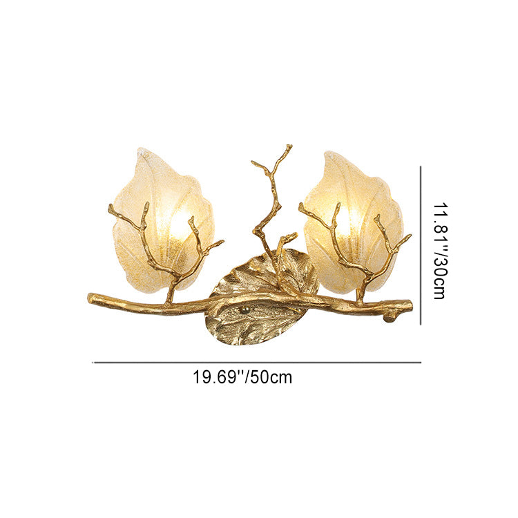 Aplique de pared nórdico contemporáneo – Lámpara de hojas de cobre de 2 luces con base de rama de árbol para sala de estar 
