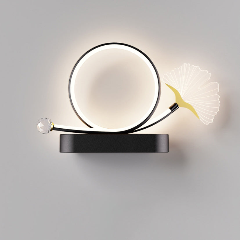 Applique murale créative contemporaine – Lampe LED Ginkgo Biloba en cercle en fer et acrylique pour chambre à coucher 