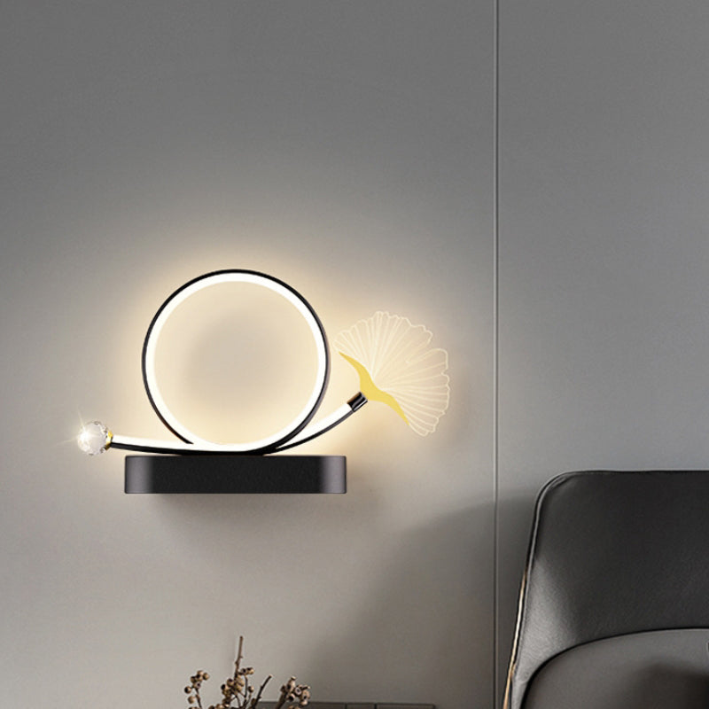 Applique murale créative contemporaine – Lampe LED Ginkgo Biloba en cercle en fer et acrylique pour chambre à coucher 