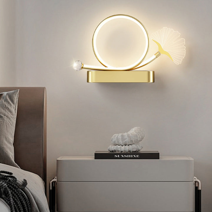 Applique murale créative contemporaine – Lampe LED Ginkgo Biloba en cercle en fer et acrylique pour chambre à coucher 