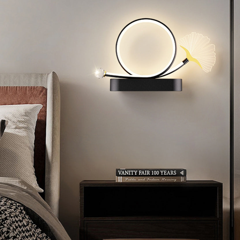 Applique murale créative contemporaine – Lampe LED Ginkgo Biloba en cercle en fer et acrylique pour chambre à coucher 