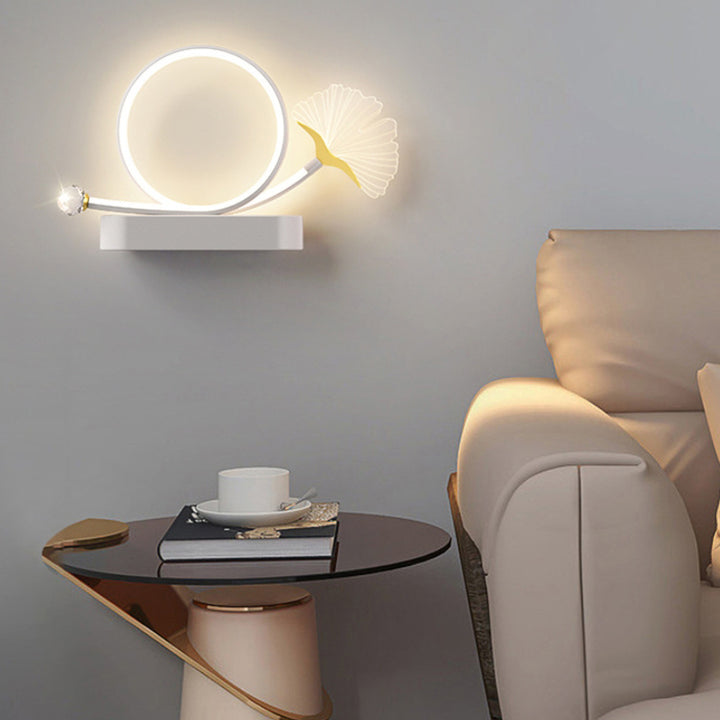 Applique murale créative contemporaine – Lampe LED Ginkgo Biloba en cercle en fer et acrylique pour chambre à coucher 