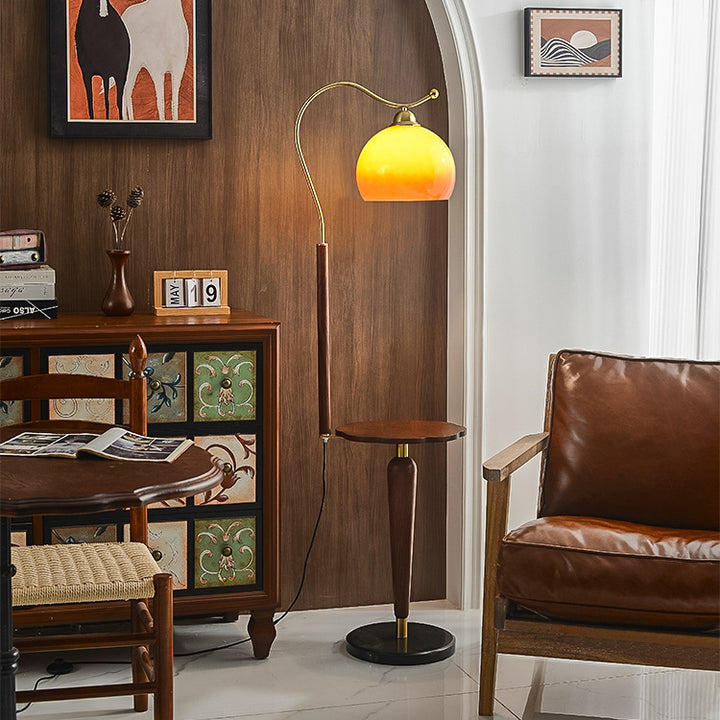 Lámpara de pie de 1 luz de metal con cúpula francesa tradicional de madera maciza y vidrio para sala de estar 
